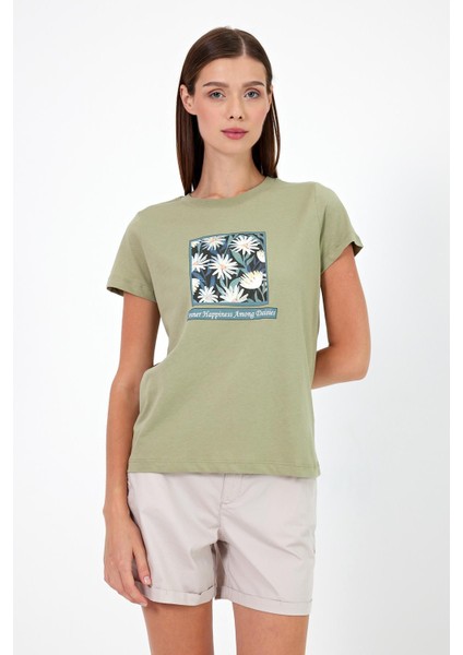 Kadın Flower Ada Çayı Baskılı Bisiklet Yaka Regular Fit T-Shirt