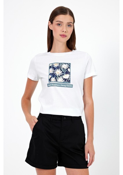 Kadın Flower Beyaz Baskılı Bisiklet Yaka Regular Fit T-Shirt