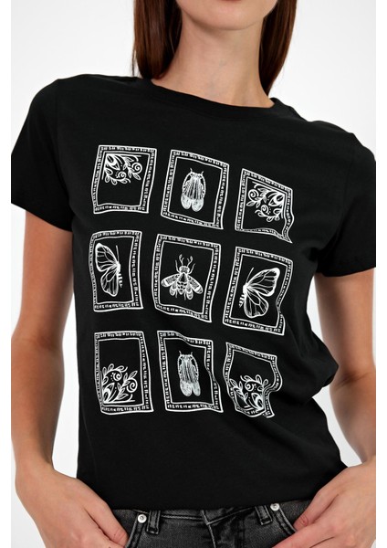 Kadın Butterfly Siyah Baskılı Bisiklet Yaka Regular Fit T-Shirt modelleri