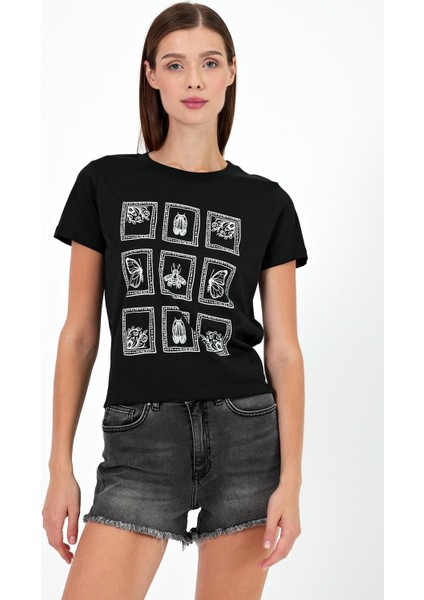 Kadın Butterfly Siyah Baskılı Bisiklet Yaka Regular Fit T-Shirt fırsatları
