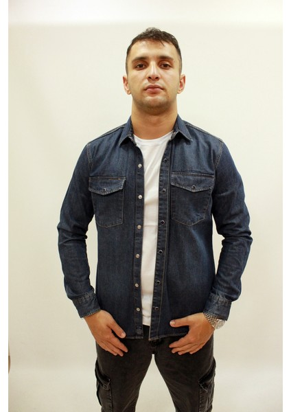 Eg 1849 Erkek Çift Cepli Çıtçıtlı Kalın Kot Gömlek Mavi