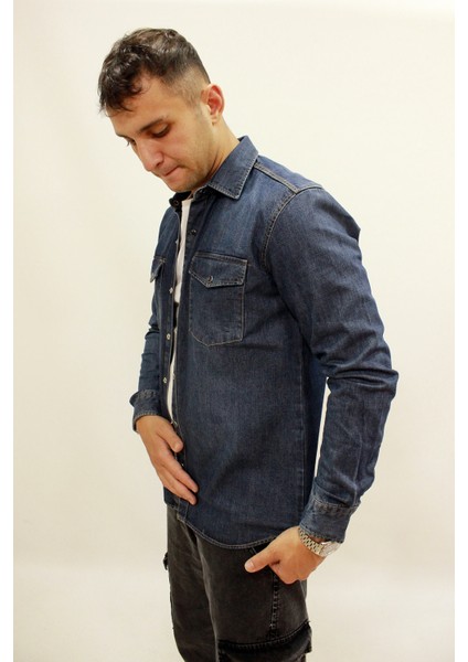 Eg 1849 Erkek Çift Cepli Çıtçıtlı Kalın Kot Gömlek Mavi modelleri