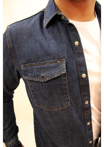 Eg 1849 Erkek Çift Cepli Çıtçıtlı Kalın Kot Gömlek Mavi fırsatları