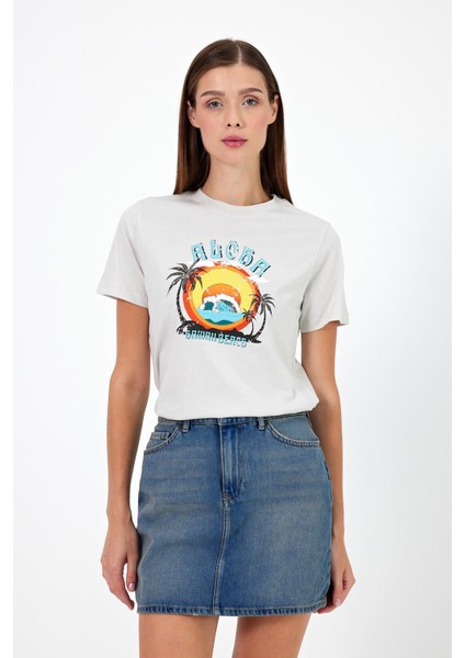 Kadın Aloha Taş Baskılı Bisiklet Yaka T-Shirt