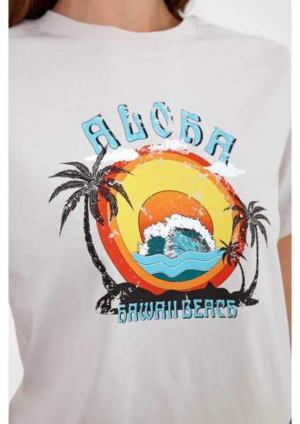 Kadın Aloha Taş Baskılı Bisiklet Yaka T-Shirt modelleri
