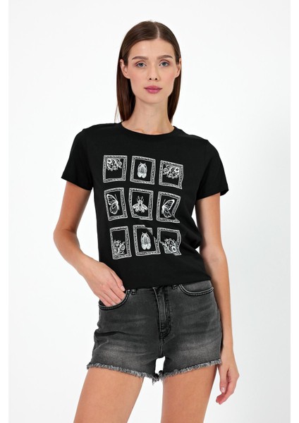 Kadın Butterfly Siyah Baskılı Bisiklet Yaka Regular Fit T-Shirt