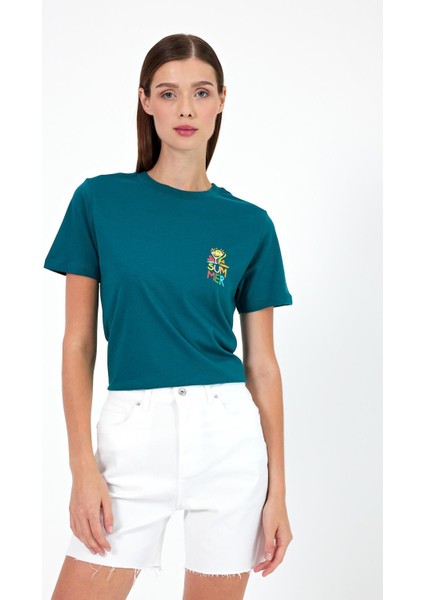 Kadın Summer Orman Bisiklet Yaka Yazı Baskılı T-Shirt fiyatları