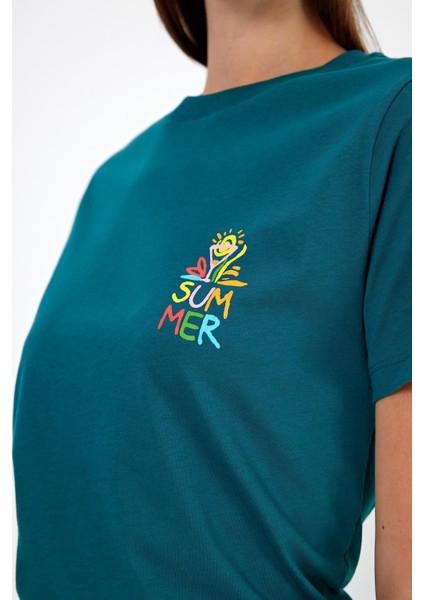 Kadın Summer Orman Bisiklet Yaka Yazı Baskılı T-Shirt modelleri