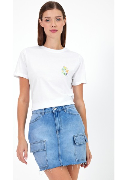Kadın Summer Beyaz Bisiklet Yaka Yazı Baskılı T-Shirt