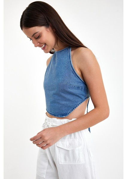 Kadın Lolita Sırtı Açık Bağlamalı Med Blue Denim Top fiyatları