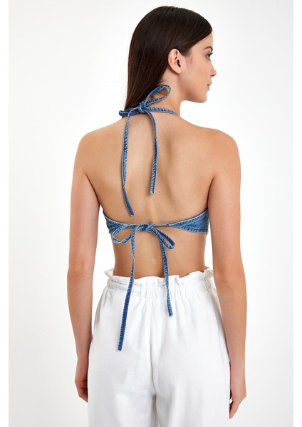 Kadın Lolita Sırtı Açık Bağlamalı Med Blue Denim Top modelleri