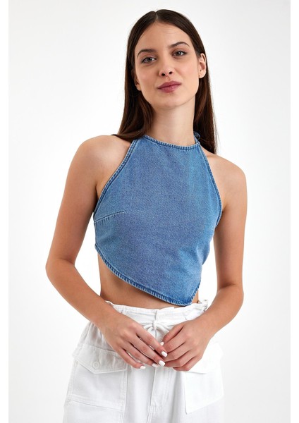 Kadın Lolita Sırtı Açık Bağlamalı Med Blue Denim Top