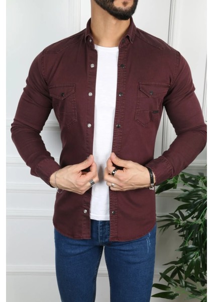 Slim Fit Erkek Kot Gömlek Bordo fiyatları