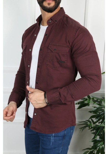 Slim Fit Erkek Kot Gömlek Bordo modelleri