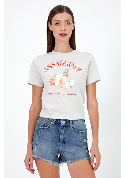 Kadın Cocktail Taş Baskılı Bisiklet Yaka T-Shirt fiyatları