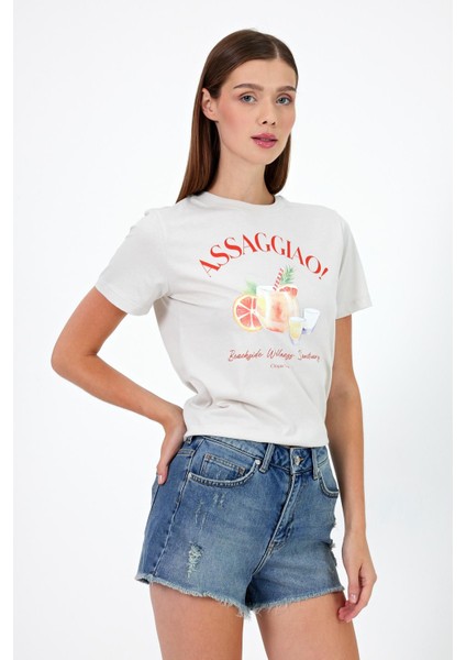 Kadın Cocktail Taş Baskılı Bisiklet Yaka T-Shirt modelleri
