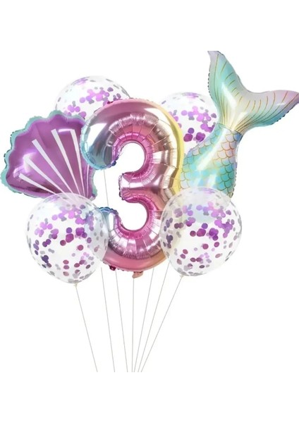 3 Yaş Deniz Kızı Kuyruğu Deniz Kabuğu Gökkuşağı Rakam Balon Pullu Şeffaf Balonlu Konsept3