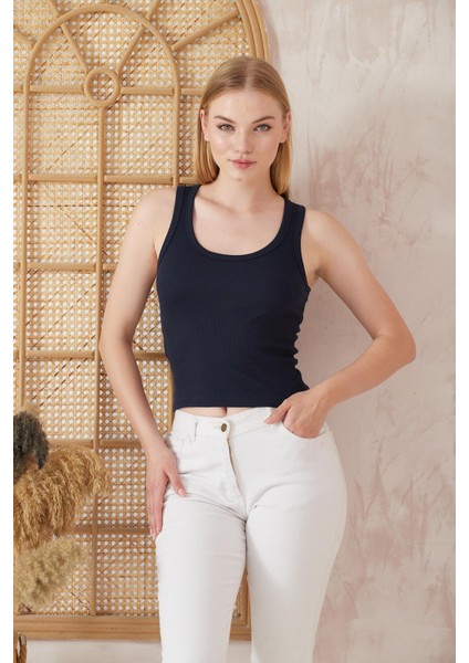 Lacivert Görünümlü Fitilli Basic Kalın Askılı Kadın Crop Atlet- 2403