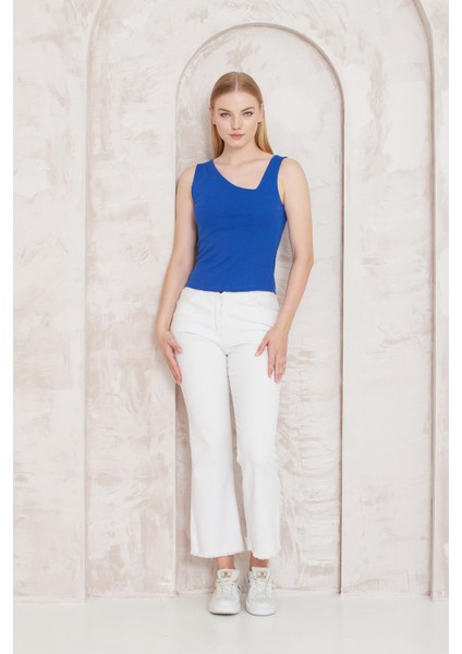 Saks Kesik Yaka Kalın Askılı Bluz -2410