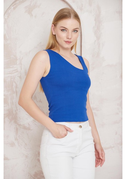 Saks Kesik Yaka Kalın Askılı Bluz -2410
