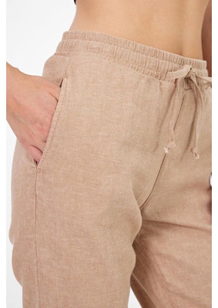 Kadın Alian Bej Beli Lastikli Keten Beach Pantolon modelleri