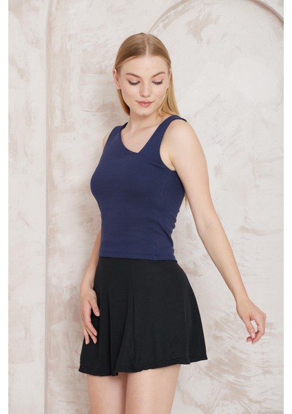 Lacivert Kesik Yaka Kalın Askılı Bluz -2410 modelleri