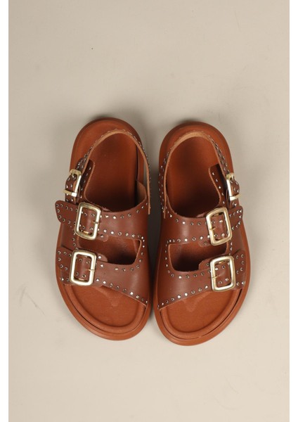 Mila Taşlı Çift Tokalı Arkadan Bağlamalı Sandalet Taba modelleri