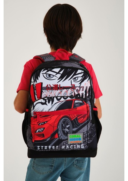 Kids Siyah Kırmızı Anime Araba Desenli Okul Çantası T23747