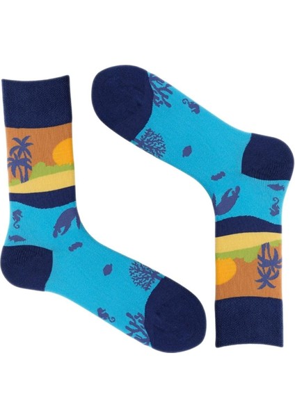 Mrhero Çok Renkli Deniz Temalı Cotton Tekli Uzun Soket Renkli Çorap 1002-MH Mavi fiyatları