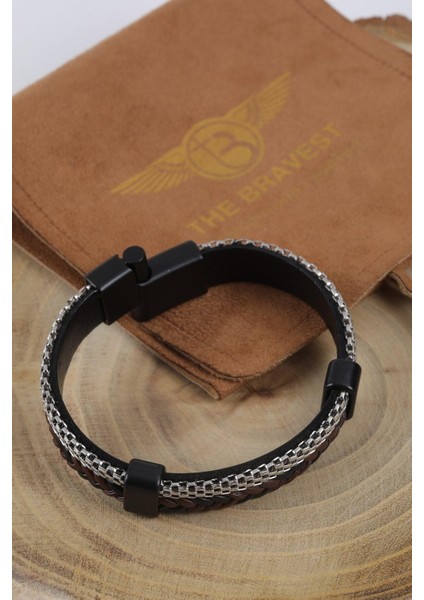 Mrhero Erkek Metal Zincir Örgü El Yapımı Hakiki Deri Bileklik MH008 Kahverengi