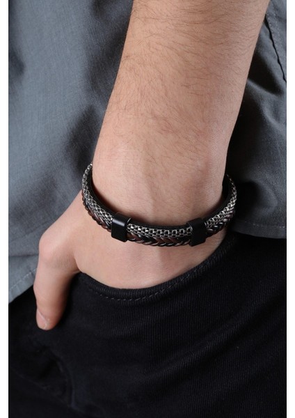 Mrhero Erkek Metal Zincir Örgü El Yapımı Hakiki Deri Bileklik MH008 Kahverengi fırsatları