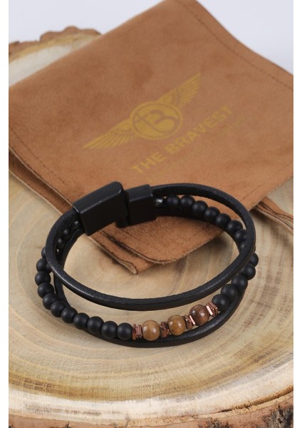 Mrhero Erkek Orta Boncuk Kenar Düz Deri Çift El Yapımı Hakiki Deri Bileklik MH009 Siyah