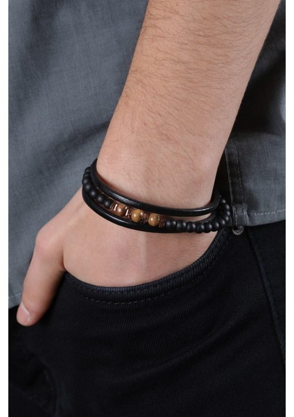 Mrhero Erkek Orta Boncuk Kenar Düz Deri Çift El Yapımı Hakiki Deri Bileklik MH009 Siyah fırsatları