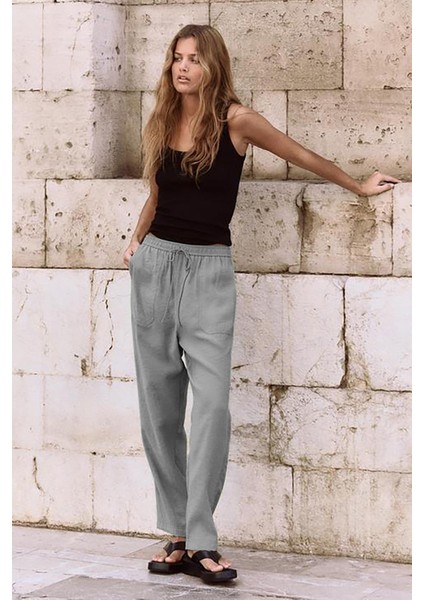 Gri Ayarlanabilir Bel Rahat Kesim Pantolon MG2161