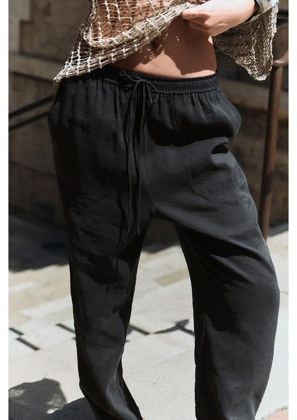 Siyah Ayarlanabilir Bel Rahat Kesim Pantolon MG2161 fiyatları