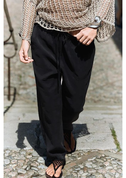 Siyah Ayarlanabilir Bel Rahat Kesim Pantolon MG2161 modelleri