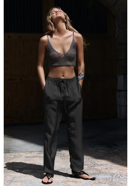 Füme Ayarlanabilir Bel Rahat Kesim Pantolon MG2161