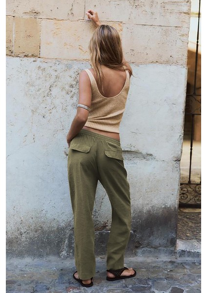 Haki Ayarlanabilir Bel Rahat Kesim Pantolon MG2161