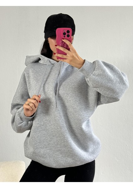 Gri Şardonlu Kapşonlu Oversize Basic Sweatshirt 26259 fiyatları