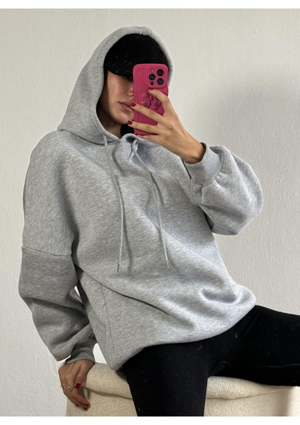 Gri Şardonlu Kapşonlu Oversize Basic Sweatshirt 26259