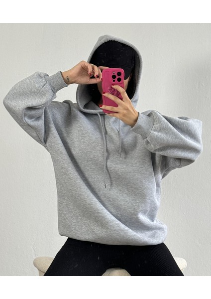 Gri Şardonlu Kapşonlu Oversize Basic Sweatshirt 26259