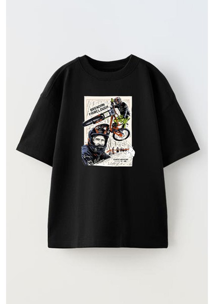 Siyah Oversize Pamuk Motocross Baskılı Örme T-Shirt