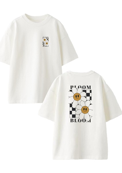 Beyaz Oversize Pamuk Boom Papatya Ön Arka Baskılı Örme T-Shirt