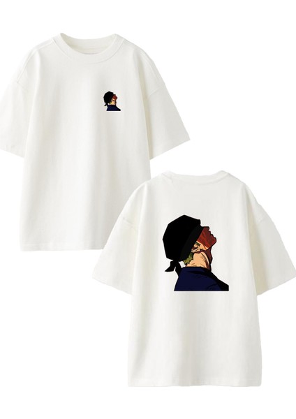 Beyaz Oversize Pamuk Gözleri Bağlı Anime Erkek Ön Arka Baskılı Örme T-Shirt