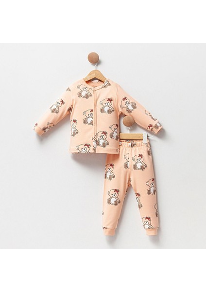 Ayıcık Baskılı Kız Çocuk Pamuk 2 Li Pijama Takımı - Somon