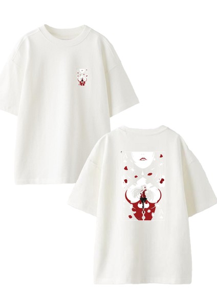 Beyaz Oversize Pamuk As Anime Kız Ön Arka Baskılı Örme T-Shirt
