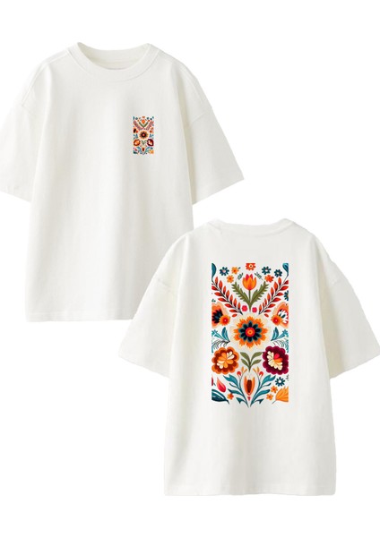 Beyaz Oversize Pamuk Çiçek Halı Deseni Ön Arka Baskılı Örme T-Shirt