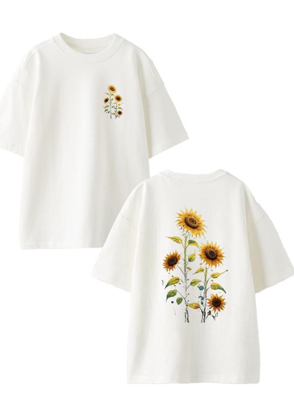 Beyaz Oversize Pamuk Güne Dönmüş Ayçiçeği Ön Arka Baskılı Örme T-Shirt