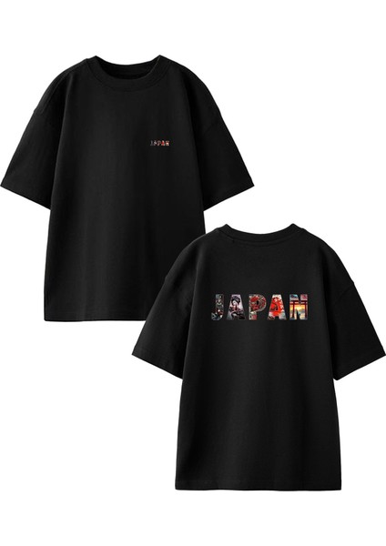 Siyah Oversize Pamuk Japan Yazısı Ön Arka Baskılı Örme T-Shirt