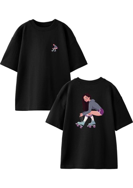 Siyah Oversize Pamuk Patenli Kız Ön Arka Baskılı Örme T-Shirt